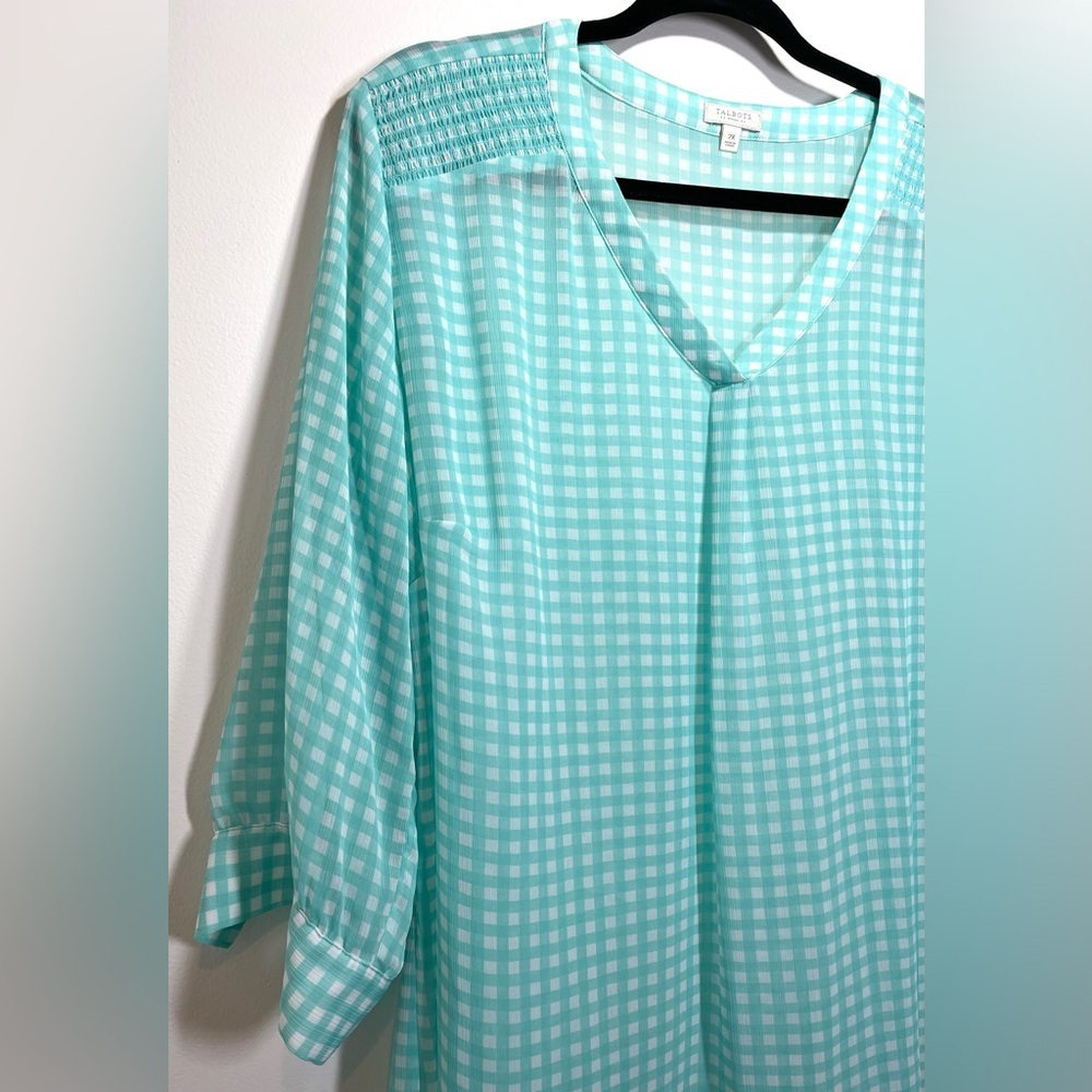 NWOT Talbots Sheer Aqua White Gingham Blouse‎ Size 2X - Picture 2 of 7